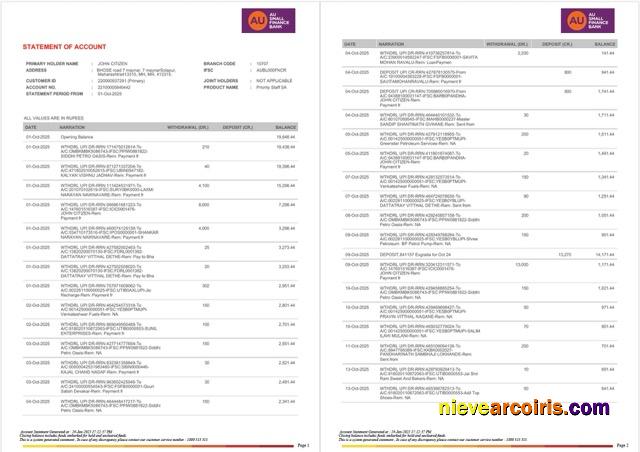 India AU Small Finance Bank statement of account Word and PDF, 2 pages
